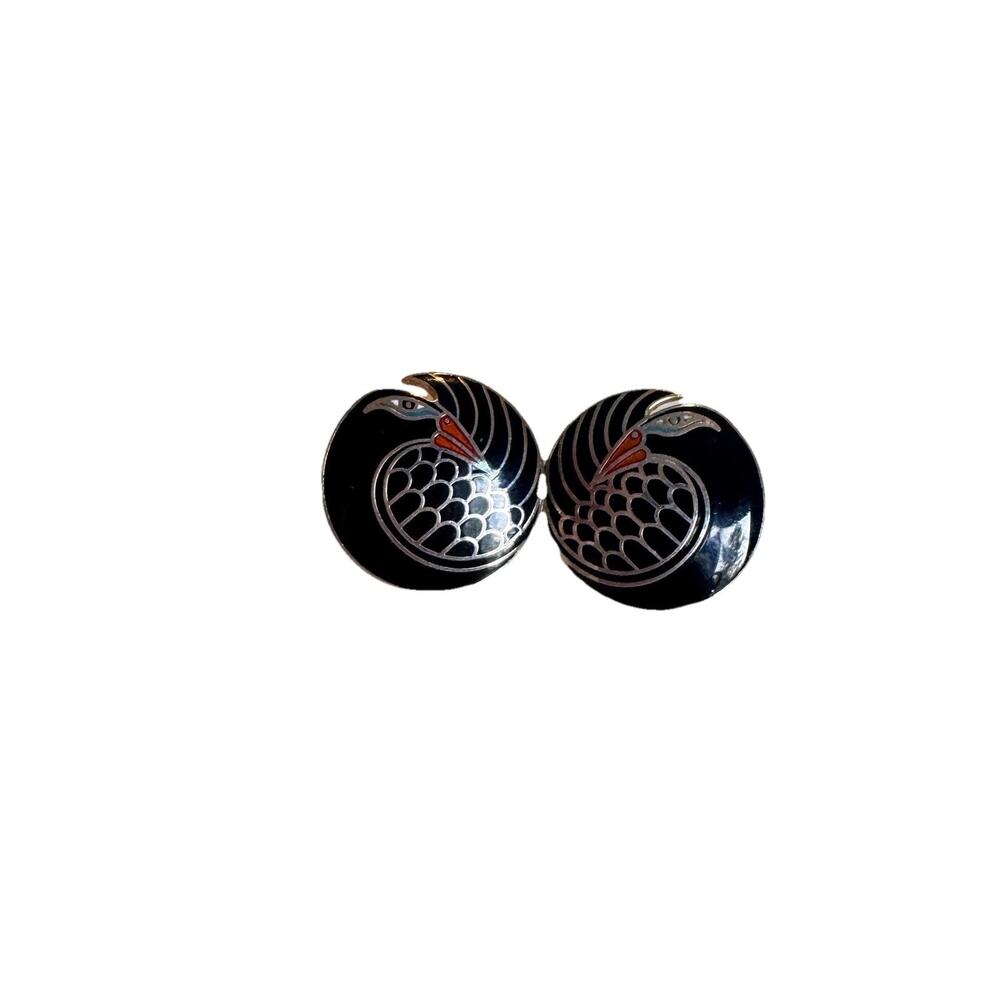 Stunning Vintage Laurel Burch Mynah Bird Black Enamel Disc Earrings